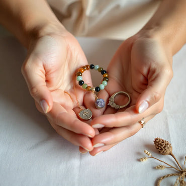 Delicate spiritual jewelry pieces, including a beaded bracelet and pendant necklace, styled with a calm, neutral background