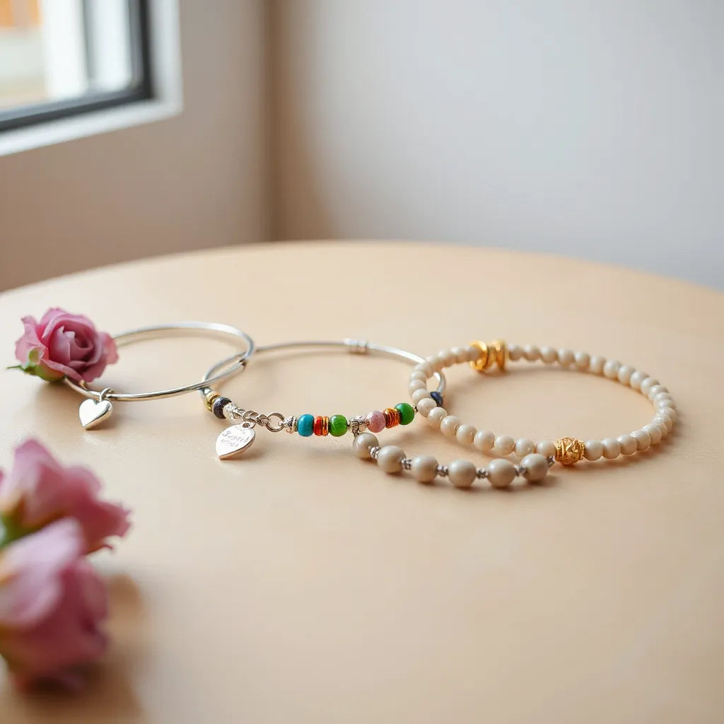 Assorted themed bracelets arranged on a neutral tabletop under soft natural light