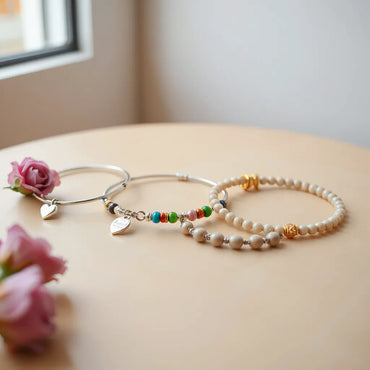 Assorted themed bracelets arranged on a neutral tabletop under soft natural light