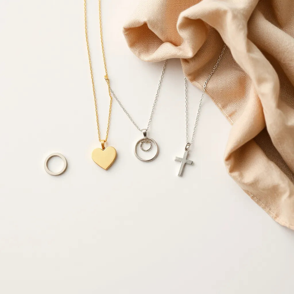 Assorted symbolic pendants in gold and silver tones displayed on delicate chains on a neutral background.