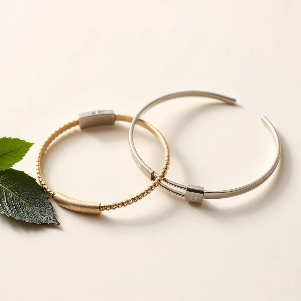 Two matching couple bracelets lying side by side on a light neutral background.