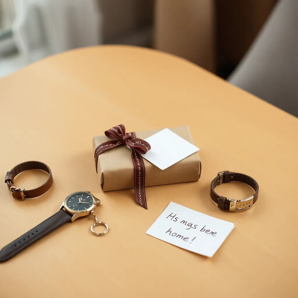 Wrapped gift with ribbon and minimalist men’s accessories on a softly lit table