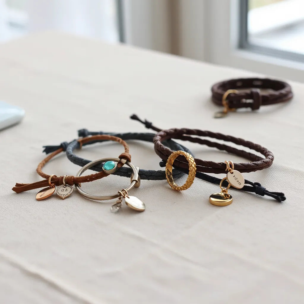 Personalized bracelets with engraved tags and small charms arranged on a light fabric.