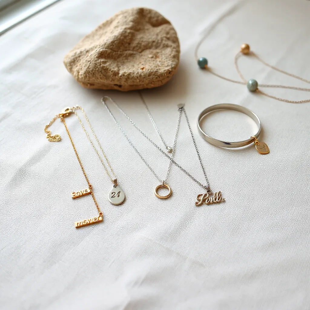 Assorted engraved necklaces and bracelets arranged on neutral fabric under soft natural light