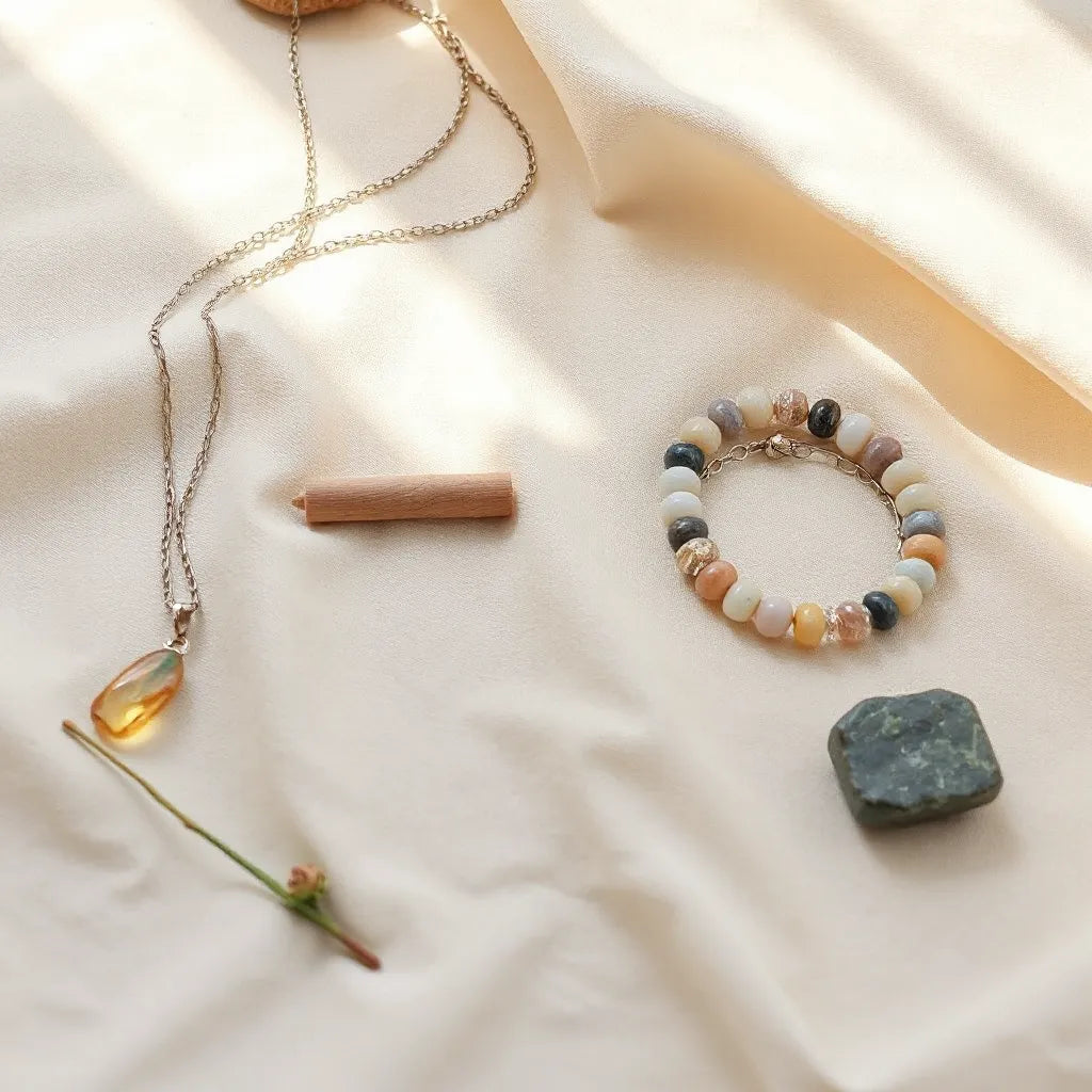 Pendant necklace and beaded bracelet with smooth gemstones arranged for a calm, balanced mood