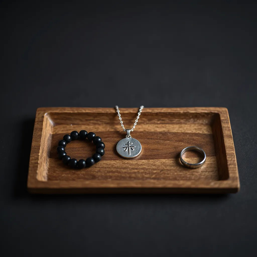 Silver spiritual pendant necklace, bead bracelet, and ring arranged on a wooden tray in soft studio light