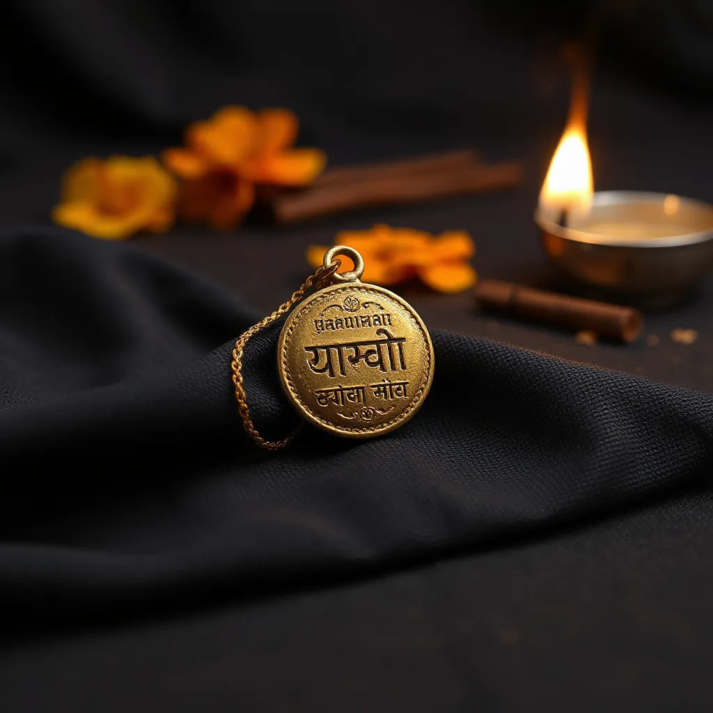 Engraved pendant charm resting on dark fabric with soft warm lighting and subtle devotional elements in the background