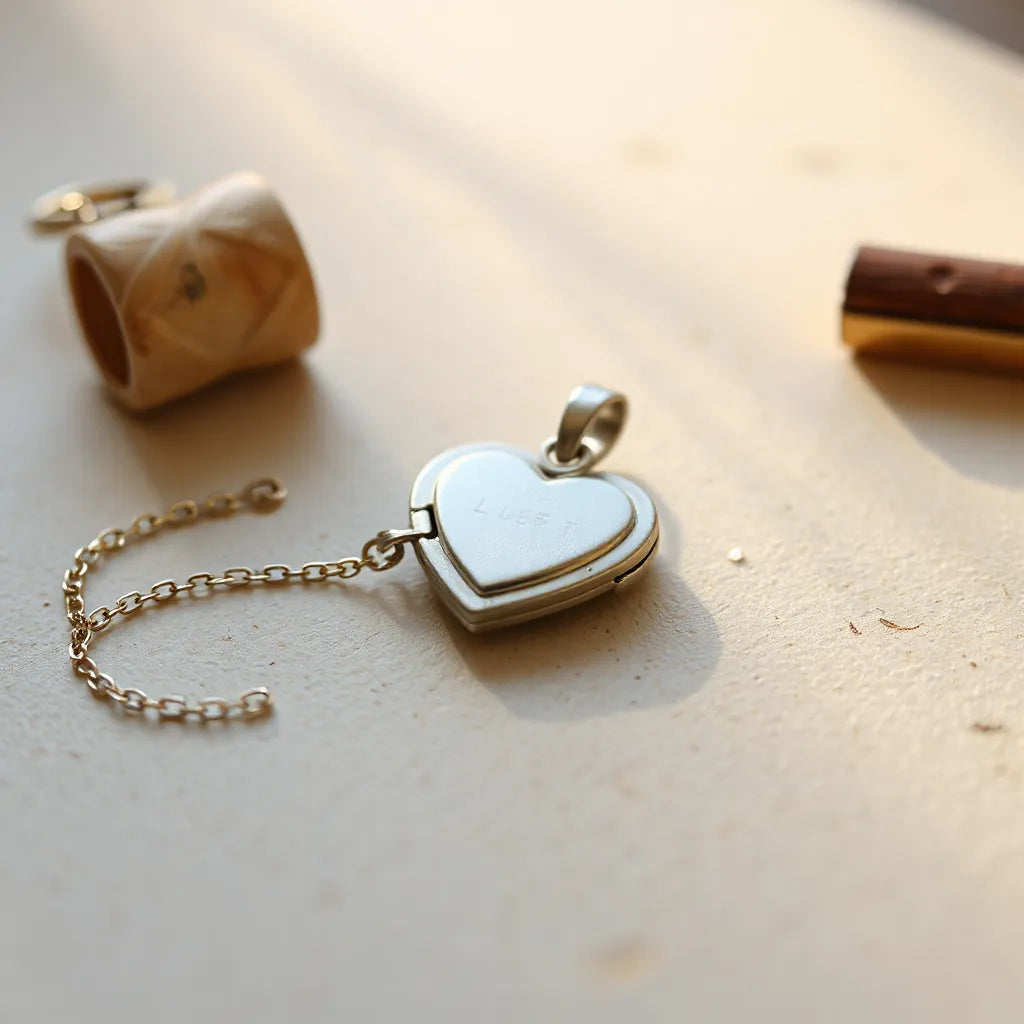 Heart locket with visible engraved metal and warm light, chain resting on a neutral surface