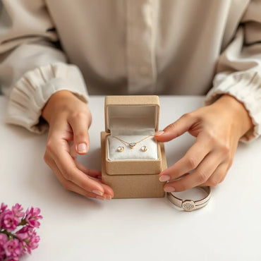 Minimal jewelry pieces laid out in an open box on a light tabletop with soft natural light