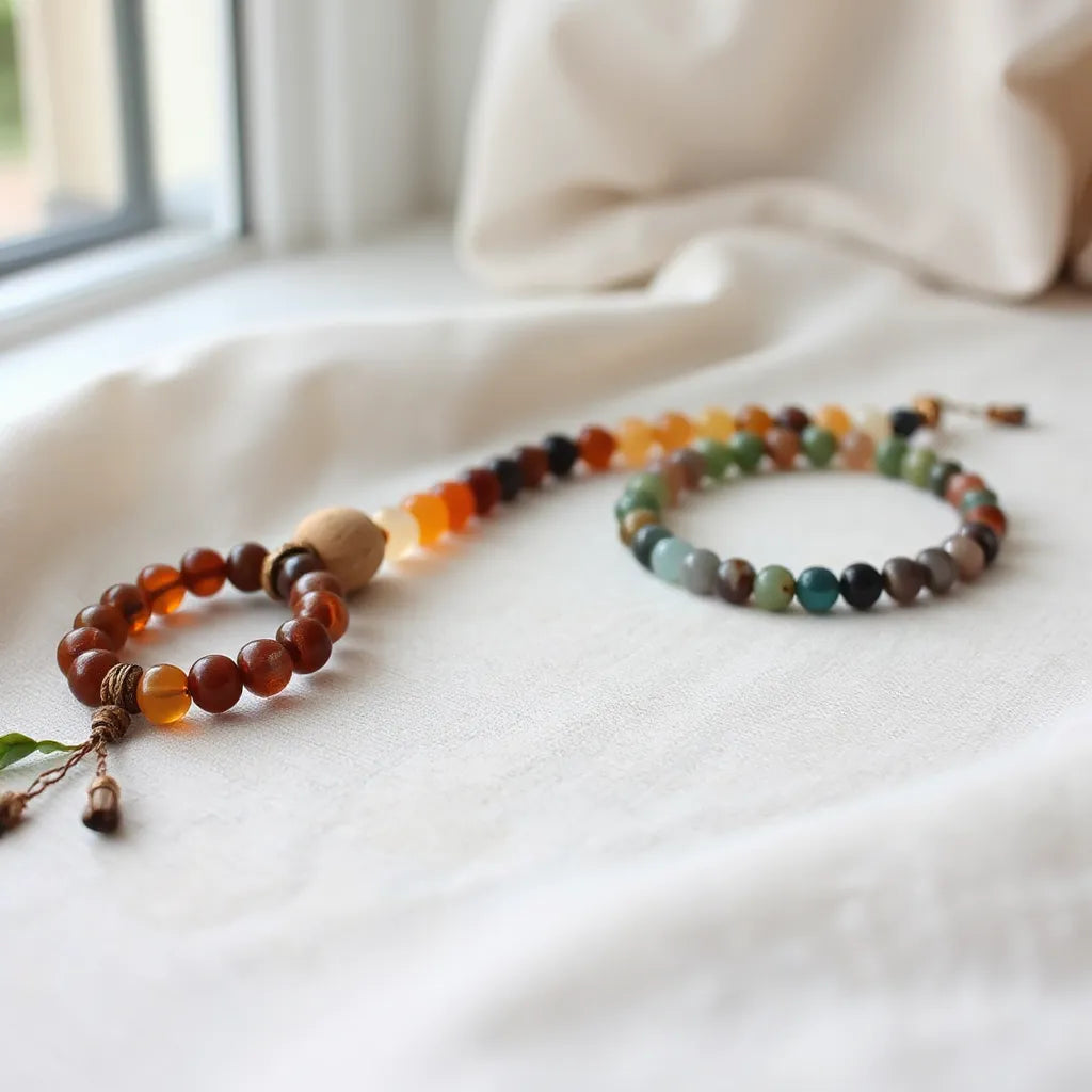 Multicolored gemstone bead bracelets arranged on neutral fabric with soft natural light