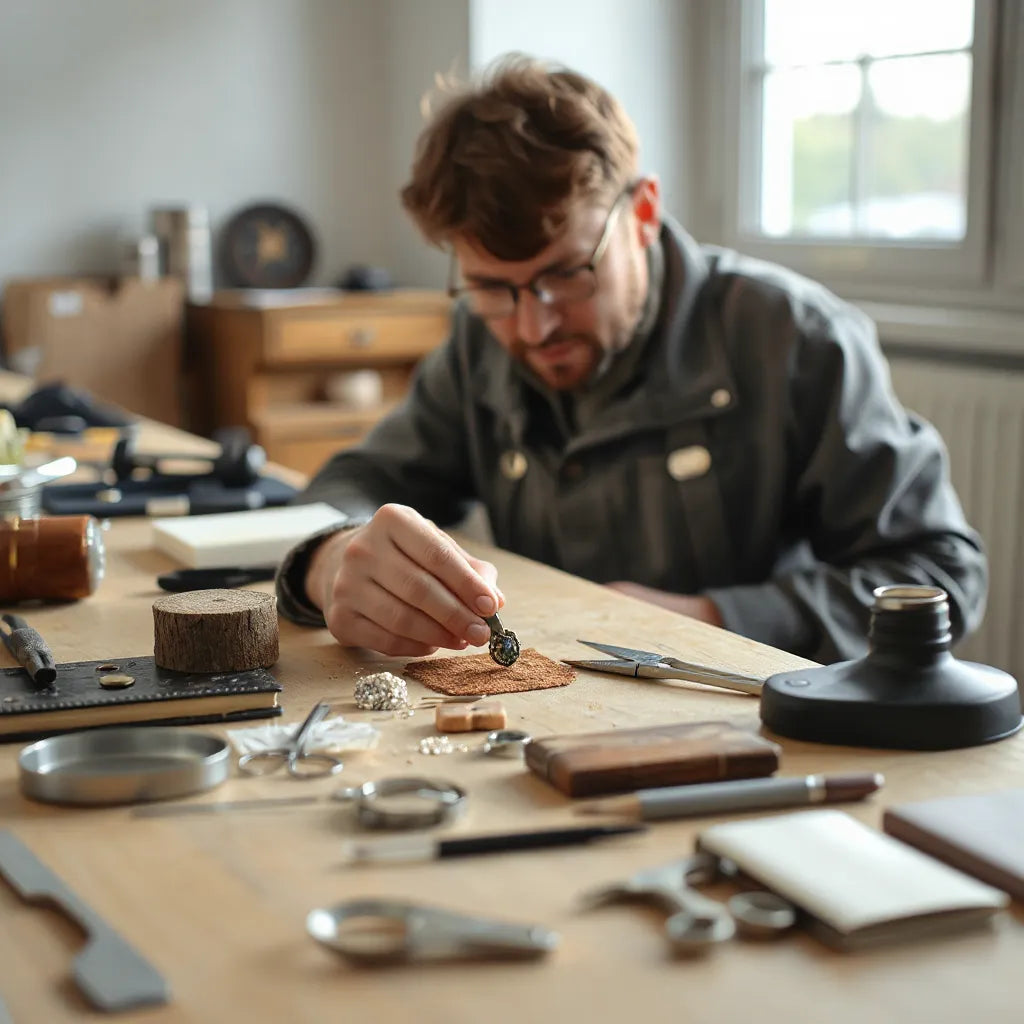 Artisan’s hands carefully crafting a refined piece with precision tools on a clean workbench
