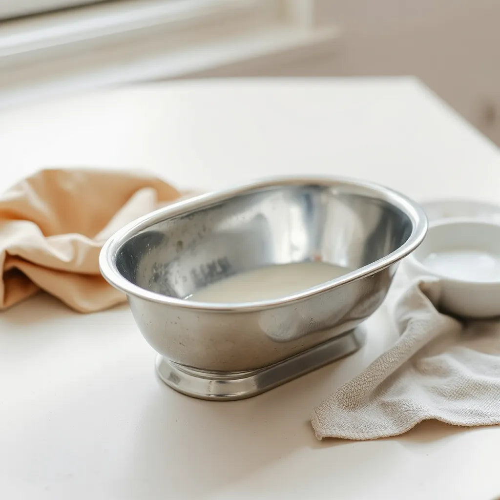 Small silver tub with a microfiber cloth and mild soapy water for safe cleaning and shine
