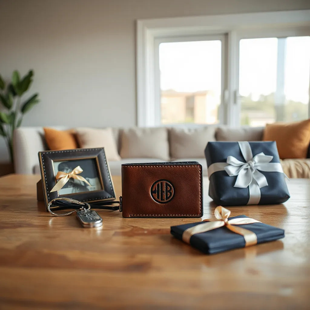 Assorted personalized gifts for him on a table with a leather wallet, keychain, and wrapped gift box