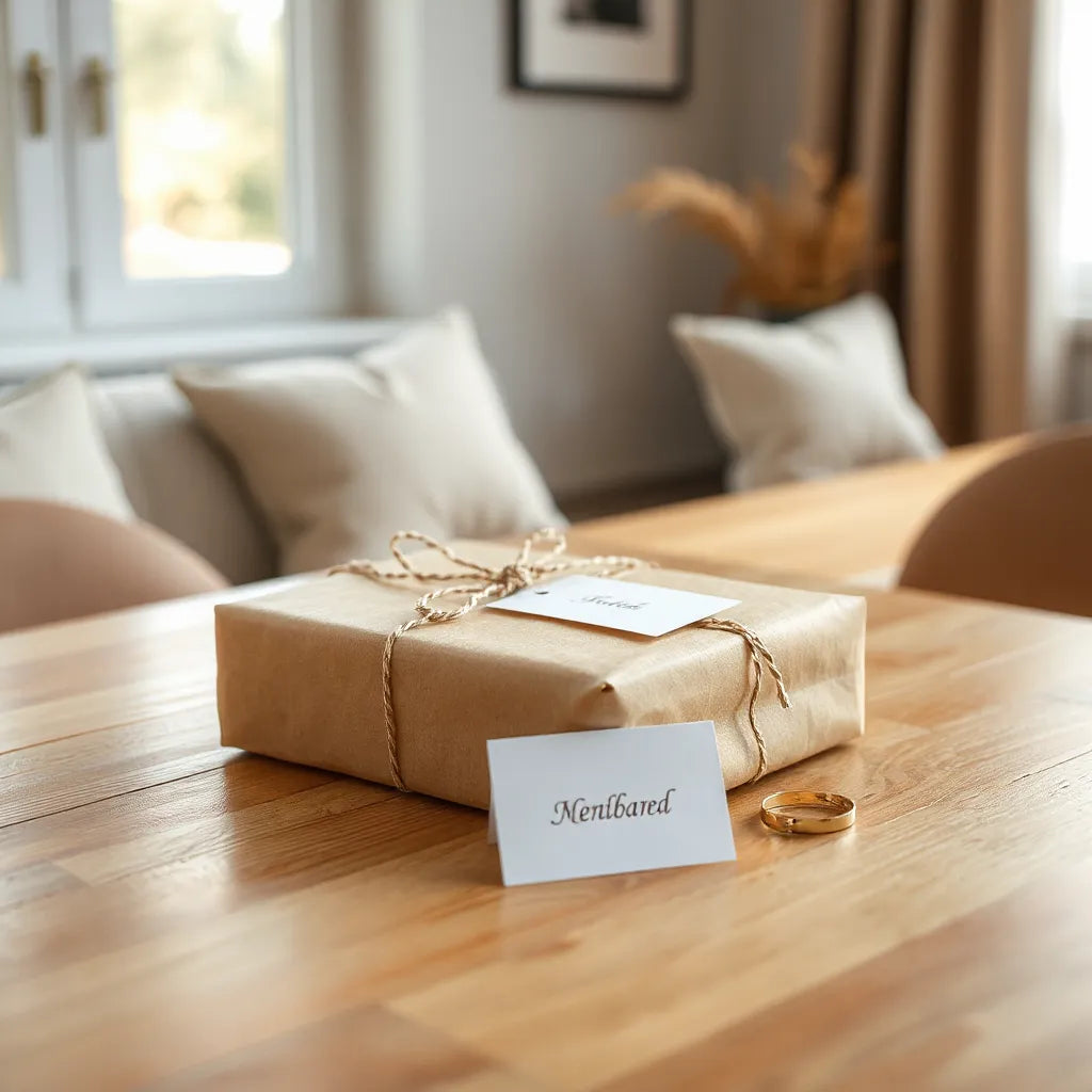 Wrapped personalized gift with a small custom keepsake and card on a wooden table