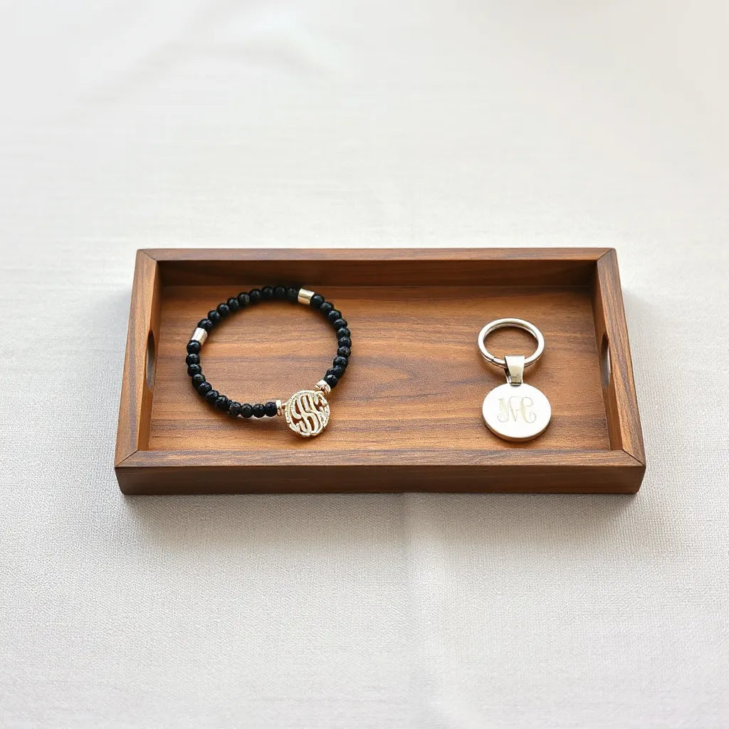 Minimal tray with personalized bracelet, engraved pendant necklace, and custom keychain under soft natural light.