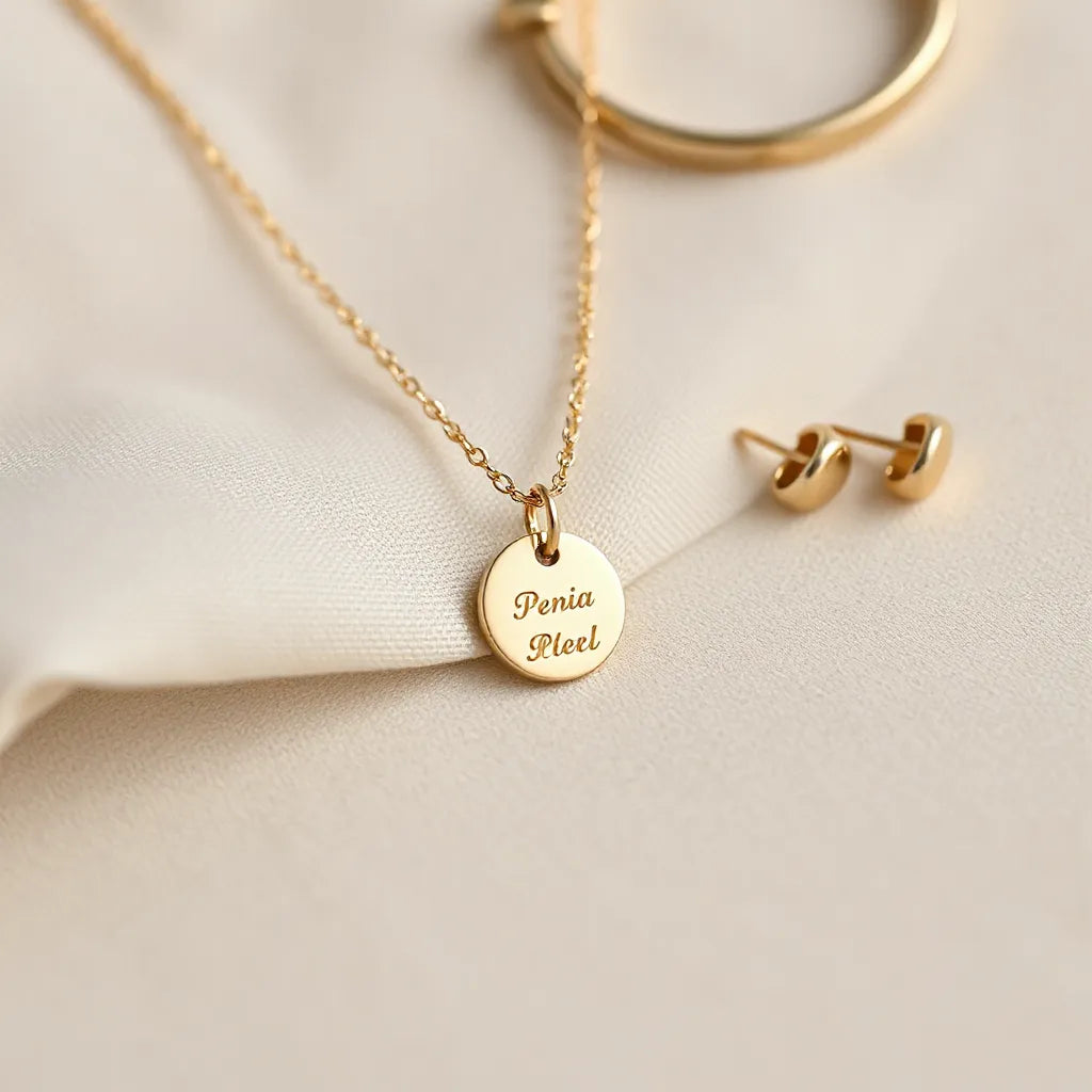 Delicate pendant necklace with engraved-style details on a soft neutral background