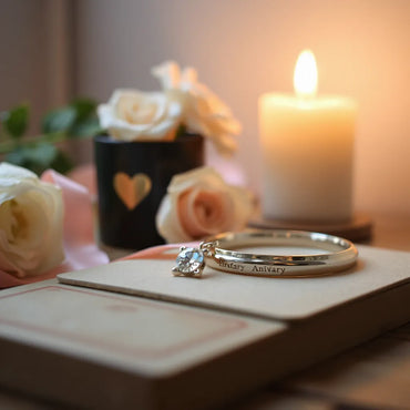 Pendant and bracelet with a ribbon on a softly lit jewelry display for anniversary gifting
