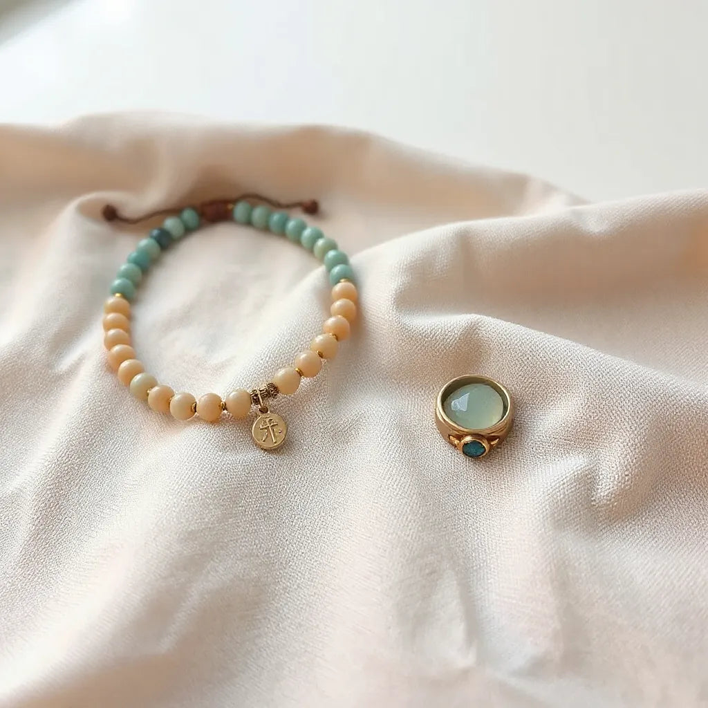 Delicate beaded bracelet and minimalist pendant necklace with subtle spiritual charm in soft natural light