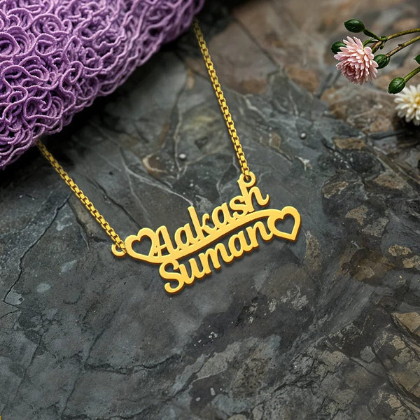 Double Heart Custom Name Necklace – Personalized Couple Pendant in Gold - Enchain Gifts