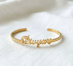 Personalized Name Bangle – Custom Gold Finish with Heart Charm